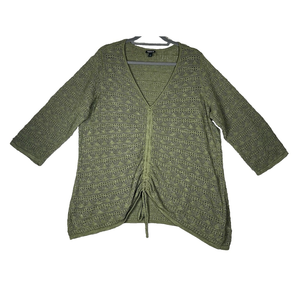 TORRID Women 3X Olive Green Open Knit Pullover V-Neck Cinched Front Sweater Boho